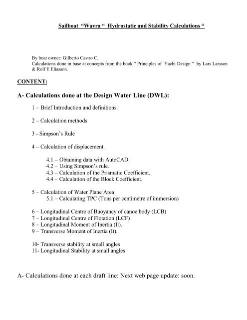 Hydrostatic and stability Calculations - Sailboat WAYRA