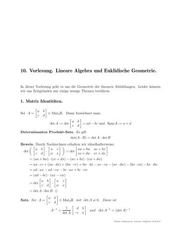 10. Vorlesung. Lineare Algebra und Euklidische Geometrie.