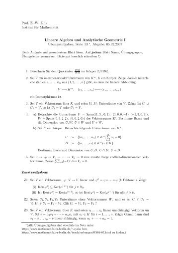 Prof. E.-W. Zink Institut für Mathematik Lineare Algebra und ...