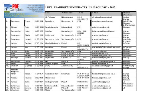 MITGLIEDER DES PFARRGEMEINDERATES HAIBACH 2012 - 2017