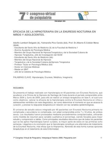 EFICACIA DE LA HIPNOTERAPIA EN LA ENURESIS NOCTURNA ...