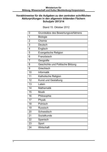 Abitur Vorabhinweise 2014 allgemein bildende Fächer