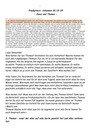 Predigttext: Johannes 20,19-29 – Jesus und Thomas ... - Birgit Proske