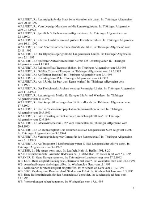 Rennsteiglaufbibliographie bis 13.2.2013 - Sport Geschichte Jena