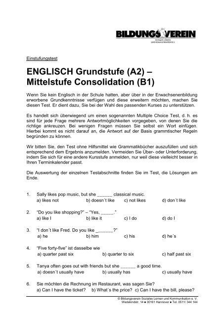 ENGLISCH Grundstufe (A2) – Mittelstufe ... - Bildungsverein