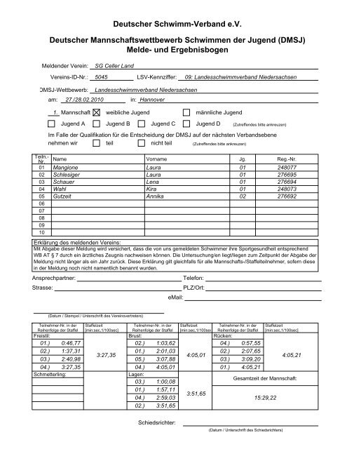 DMSJ Mannschaftsergebnisse Staffel E - Landesschwimmverband ...