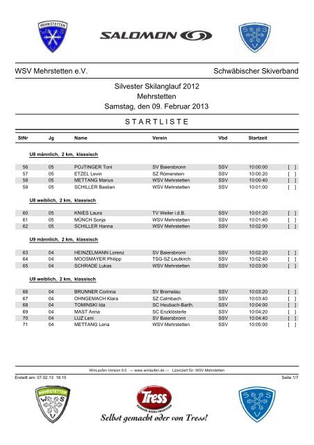 Startliste zum Silvester Skilanglauf 2012 - WSV Mehrstetten