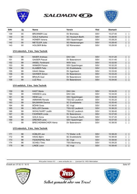 Startliste zum Silvester Skilanglauf 2012 - WSV Mehrstetten