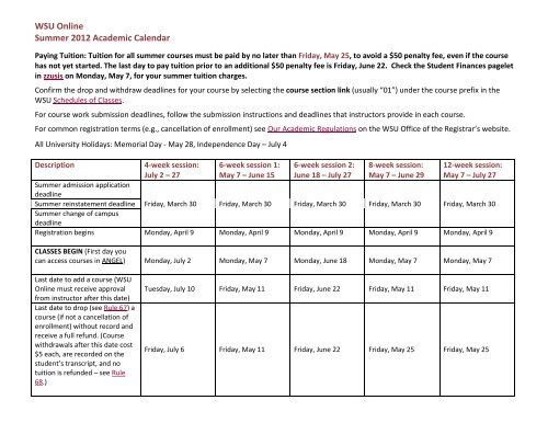 Wsu Online Summer 2012 Academic Calendar