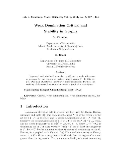 Weak Domination Critical and Stability in Graphs 1 Introduction