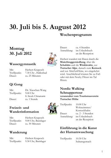 Wochenprogramm 30. Juli bis 5. August 2012 - Hotel Hochschober