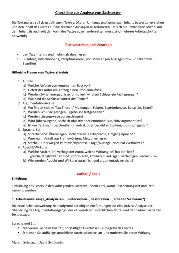 Checkliste zur Analyse von Sachtexten Aufgabentyp V