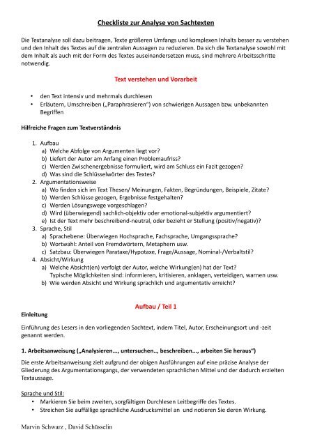 Sachtextanalyse Beispiel Klasse 10 Mit Lösung Checkliste zur Analyse von Sachtexten Aufgabentyp V