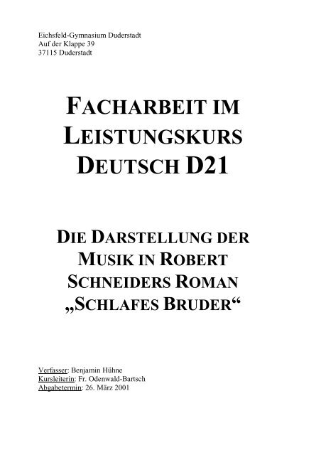 Facharbeit "Die Darstellung der Musik in Robert Schneiders