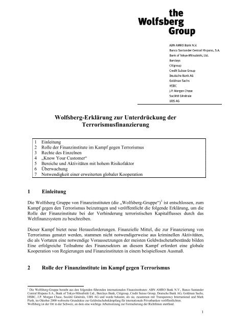 Wolfsberg-Erklärung zur Unterdrückung der ... - Wolfsberg Principles