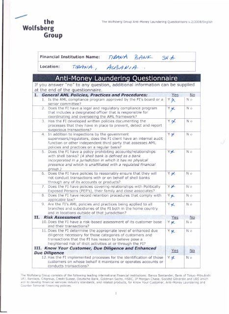 the Wolfsberg Anti-Money Laundering Questionnaire - Tirana Bank