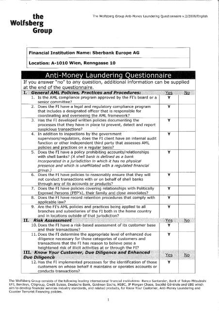 Download Wolfsberg Group AML Questionnaire - Sberbank Europe ...