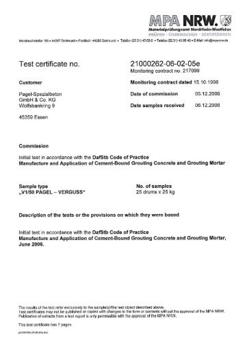 inital test DAfStb VGM-Rili - Pagel Spezial-Beton GmbH & Co. KG