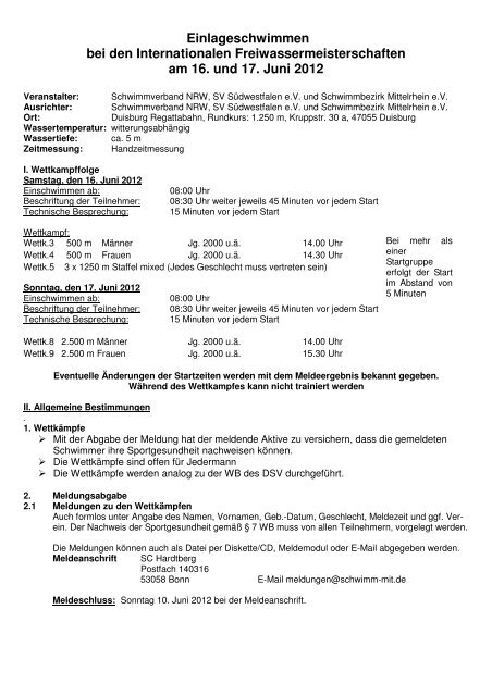 Ausschreibung Einlageschwimmen - SchwimmBezirk Mittelrhein eV