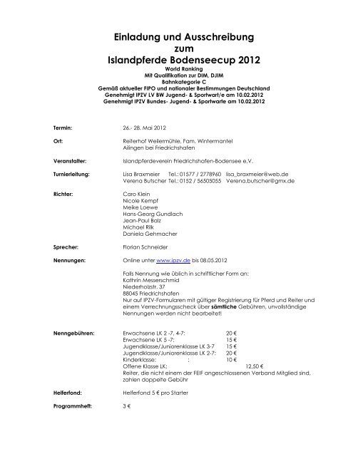 Einladung und Ausschreibung zum Islandpferde Bodenseecup 2012