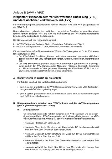 Anlage B (AVV / VRS) Kragentarif zwischen dem Verkehrsverbund ...