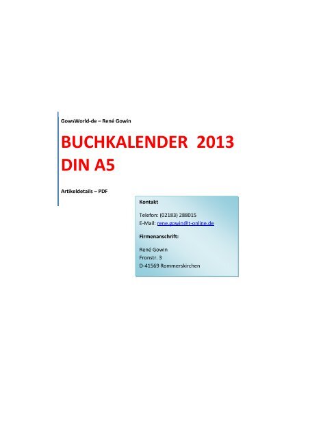 BUCHKALENDER 2013 DIN A5 - gowsworld.de
