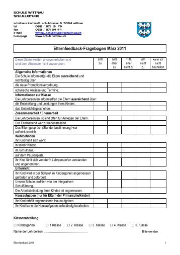 Elternfeedback Fragebogen März 2011 - Schule Wittnau