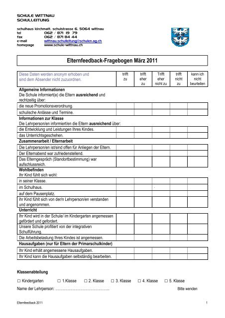 Elternfeedback Fragebogen März 2011 - Schule Wittnau