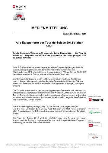 Alle Etappenorte der Tour de Suisse 2012 stehen - IMG (Schweiz)
