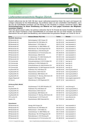 Lieferantenverzeichnis Region Zürich - GLB