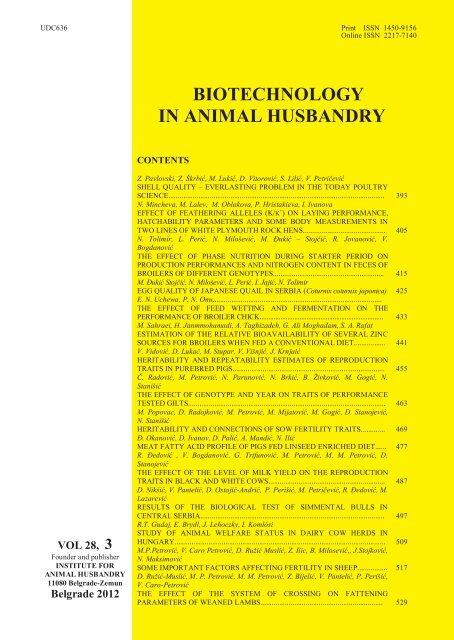 Biotechnology in Animal Husbandry - Institut za Stočarstvo