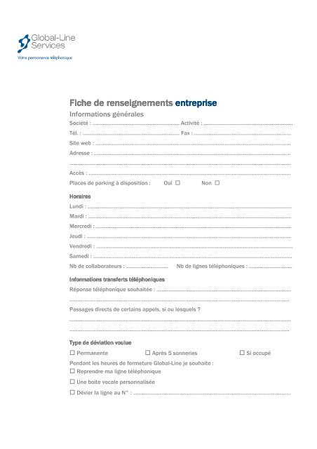 Fiche de renseignements Fiche de renseignements entreprise ...