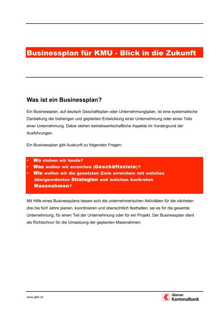 Businessplan für KMU - Blick in die Zukunft - GLKB