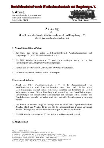 Satzung des Vereins - Modelleisenbahnfreunde Windischeschenbach