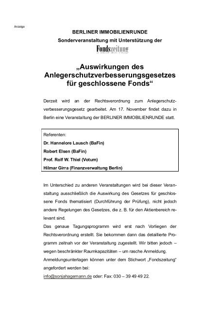 Anderweitige Regelung für geschlossene Fonds - Berg, Bernd