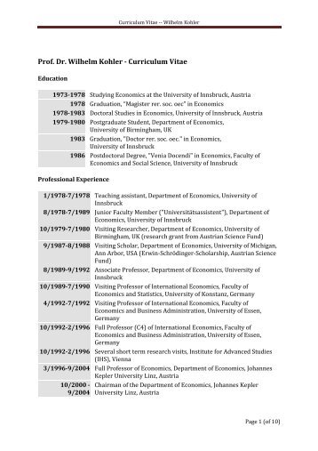 Prof. Dr. Wilhelm Kohler - Curriculum Vitae