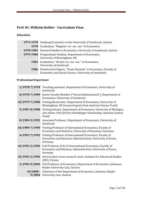 Prof. Dr. Wilhelm Kohler - Curriculum Vitae