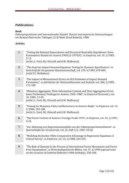 Prof. Dr. Wilhelm Kohler - Curriculum Vitae