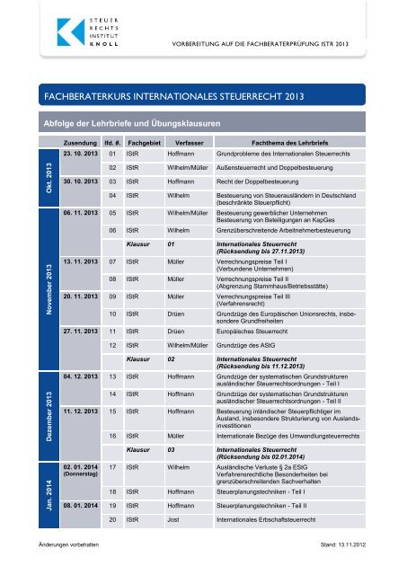 Lehrgang 2013/2014 - Steuerrechts-Institut Knoll