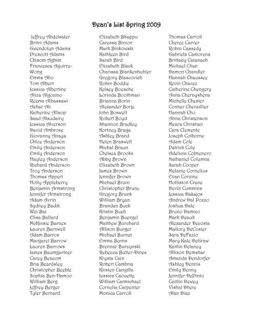 Dean's List Spring 2009