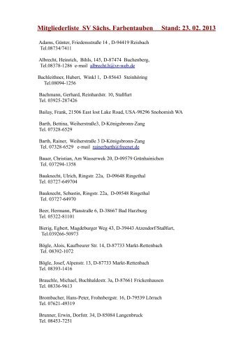 Mitgliederliste SV Sächs. Farbentauben Stand: 23. 02. 2013