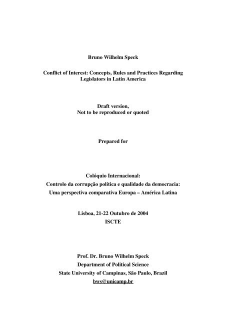 Bruno Wilhelm Speck Conflict of Interest: Concepts, Rules ... - iscte