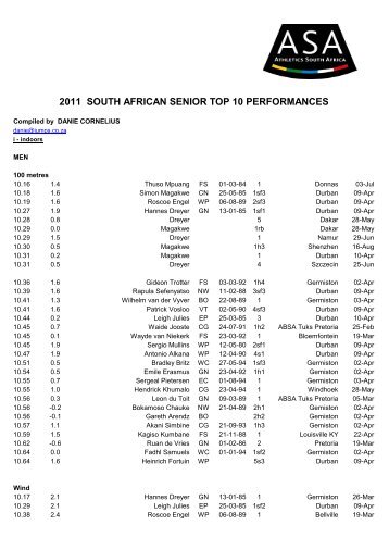 2011 south african senior top 10 performances - Athletics South Africa