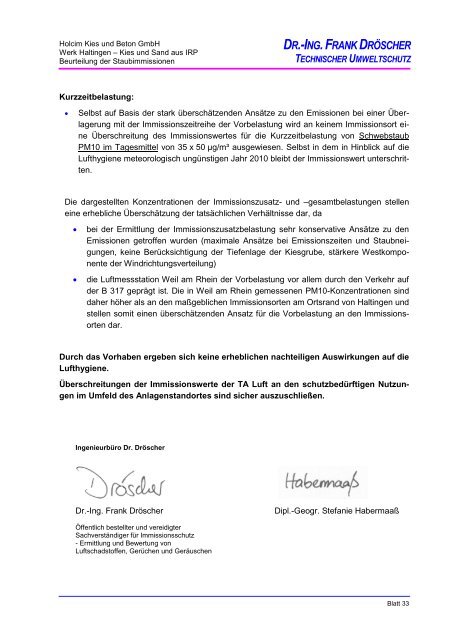 Holcim Kies und Beton GmbH Werk Haltingen - Beurteilung der ...