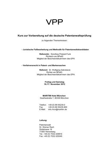 Kurs zur Vorbereitung auf die deutsche Patentanwaltsprüfung - VPP