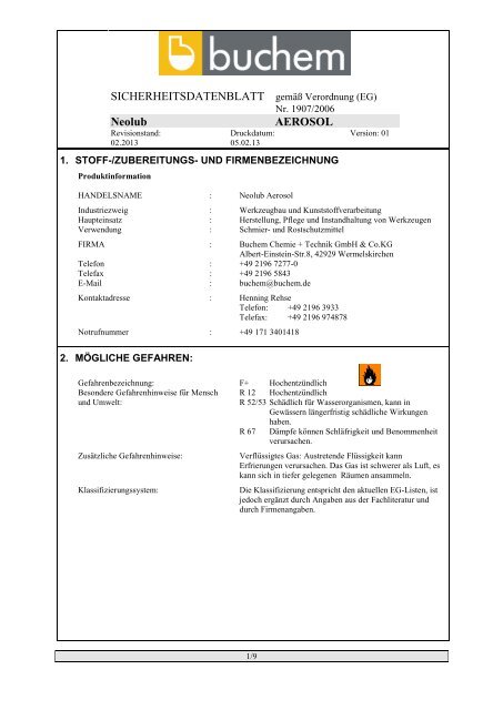 SICHERHEITSDATENBLATT nach EG-Richtlinien 93/112/EWG