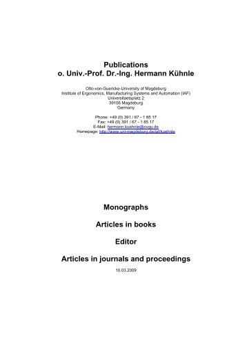 Publications o. Univ.-Prof. Dr.-Ing. Hermann Kühnle Monographs ...
