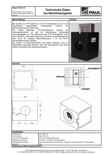Technische Daten iso-Nachheizregister