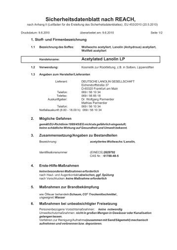 Sicherheitsdatenblatt nach REACH, - Deutsche Lanolin Gesellschaft