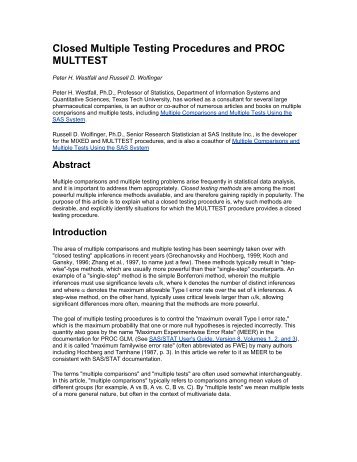 Closed Multiple Testing Procedures and PROC MULTTEST - SAS